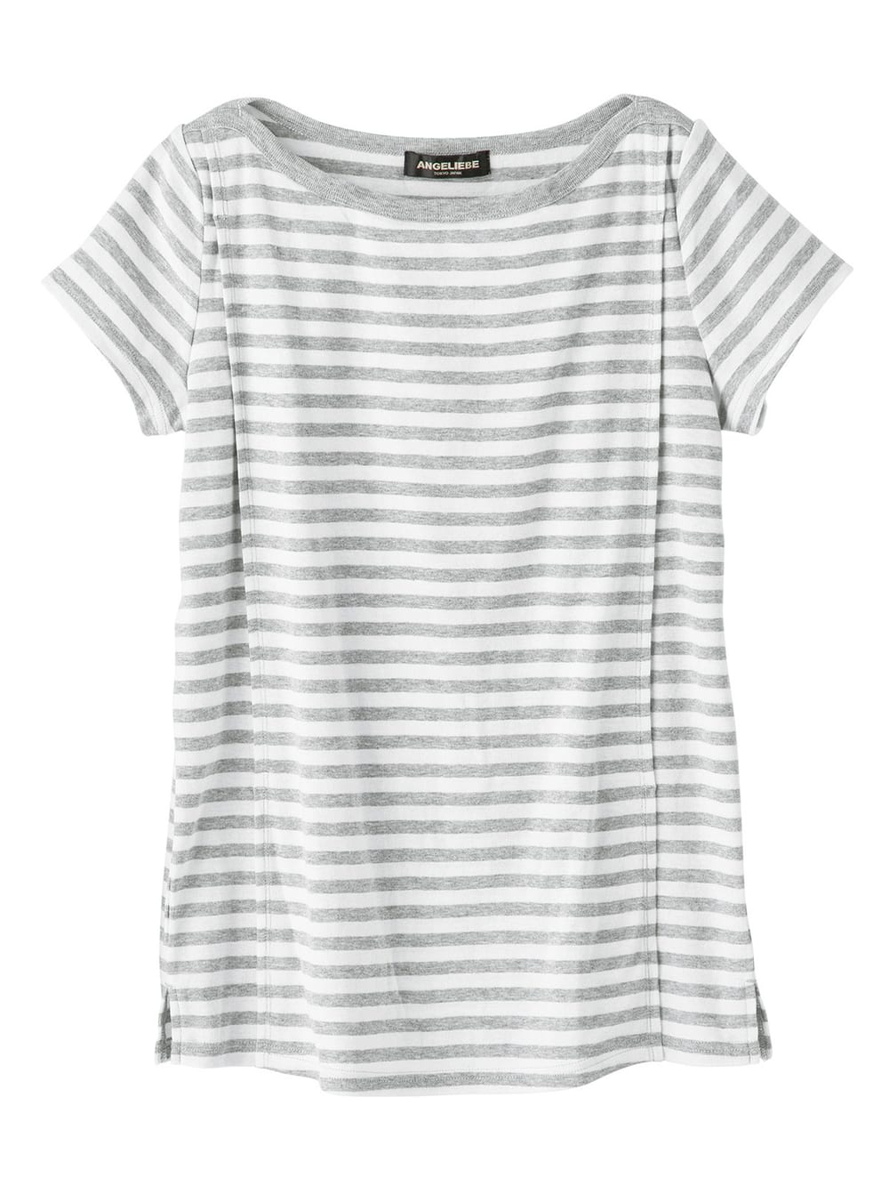 マタニティ トップス|綿混やわらかフライス半袖ボートネックTシャツ マタニティ・授乳服【出産後も長く使える】|グレー×オフボーダー