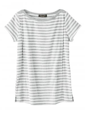 マタニティ トップス|綿混やわらかフライス半袖ボートネックTシャツ マタニティ・授乳服【出産後も長く使える】|グレー×オフボーダー