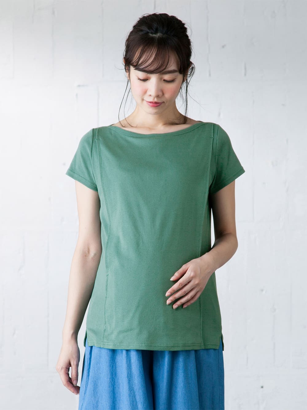マタニティ トップス|綿混やわらかフライス半袖ボートネックTシャツ マタニティ・授乳服【出産後も長く使える】|ダークグリーン