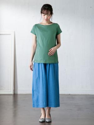 マタニティ トップス|綿混やわらかフライス半袖ボートネックTシャツ マタニティ・授乳服【出産後も長く使える】|ダークグリーン