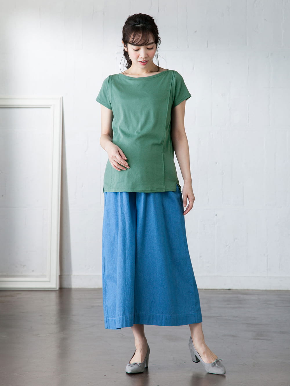 マタニティ トップス|綿混やわらかフライス半袖ボートネックTシャツ マタニティ・授乳服【出産後も長く使える】|ダークグリーン
