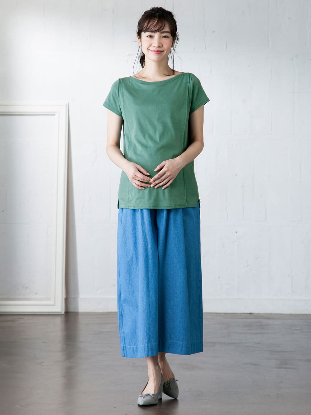 マタニティ トップス|綿混やわらかフライス半袖ボートネックTシャツ マタニティ・授乳服【出産後も長く使える】|ダークグリーン