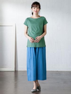 マタニティ トップス|綿混やわらかフライス半袖ボートネックTシャツ マタニティ・授乳服【出産後も長く使える】|ダークグリーン
