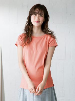 マタニティ トップス|綿混やわらかフライス半袖ボートネックTシャツ マタニティ・授乳服【出産後も長く使える】|ピンク
