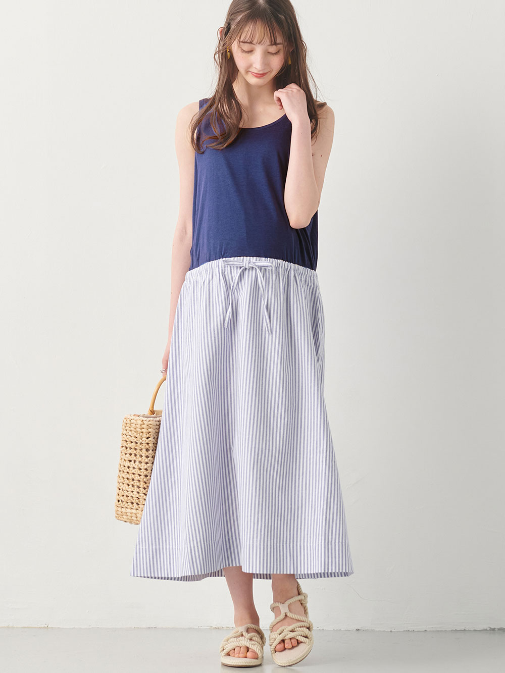 マタニティ ワンピース|ノースリーブギャザーワンピース　マタニティ・授乳服【出産後も長く使える】|ネイビー×ストライプ