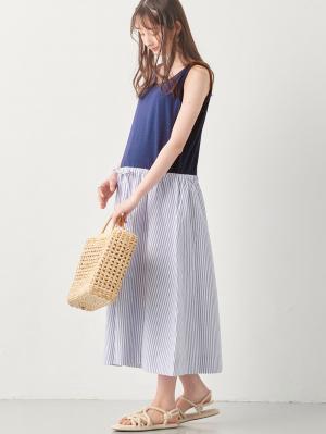 マタニティ ワンピース|ノースリーブギャザーワンピース　マタニティ・授乳服【出産後も長く使える】|ネイビー×ストライプ