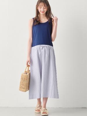 マタニティ ワンピース|ノースリーブギャザーワンピース　マタニティ・授乳服【出産後も長く使える】|ネイビー×ストライプ