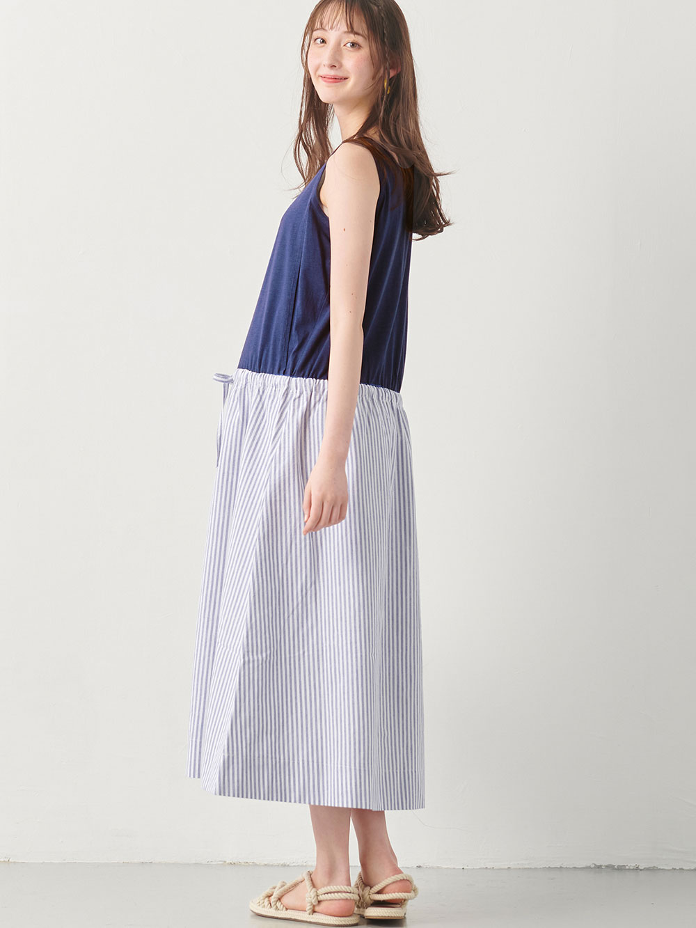 マタニティ ワンピース|ノースリーブギャザーワンピース　マタニティ・授乳服【出産後も長く使える】|ネイビー×ストライプ