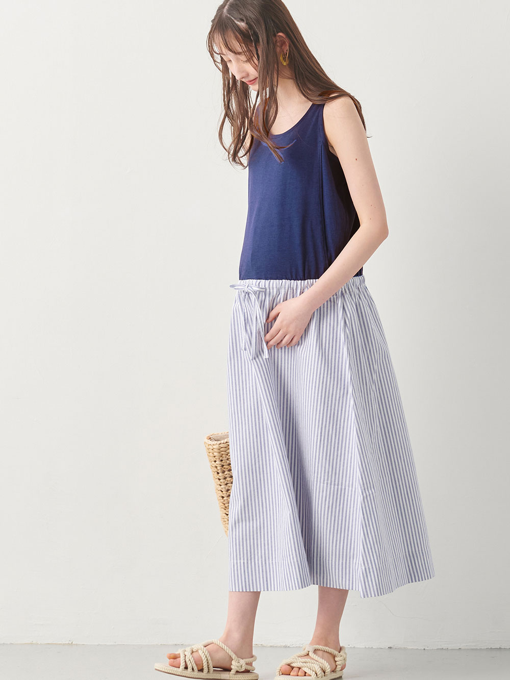 マタニティ ワンピース|ノースリーブギャザーワンピース　マタニティ・授乳服【出産後も長く使える】|ネイビー×ストライプ