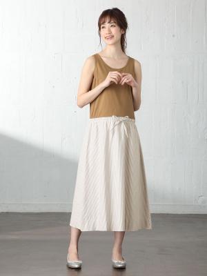 マタニティ ワンピース|ノースリーブギャザーワンピース　マタニティ・授乳服【出産後も長く使える】|ブラウン×ベージュストライプ