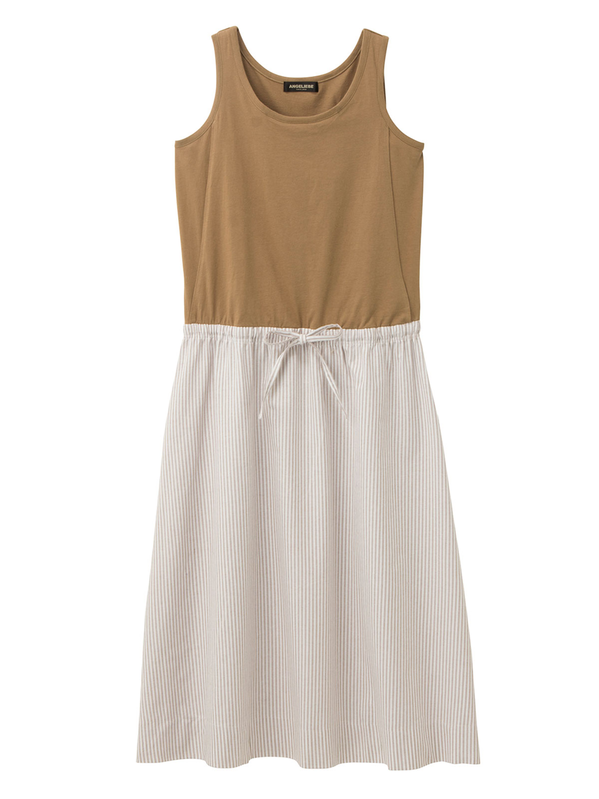 マタニティ ワンピース|ノースリーブギャザーワンピース　マタニティ・授乳服【出産後も長く使える】|ブラウン×ベージュストライプ