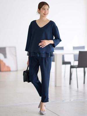 マタニティ トップス|ストレッチジョーゼットVネックレイヤードトップス マタニティ・授乳服【出産後も長く使える】|ネイビー