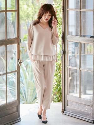 マタニティ トップス|ストレッチジョーゼットVネックレイヤードトップス マタニティ・授乳服【出産後も長く使える】|ベージュ