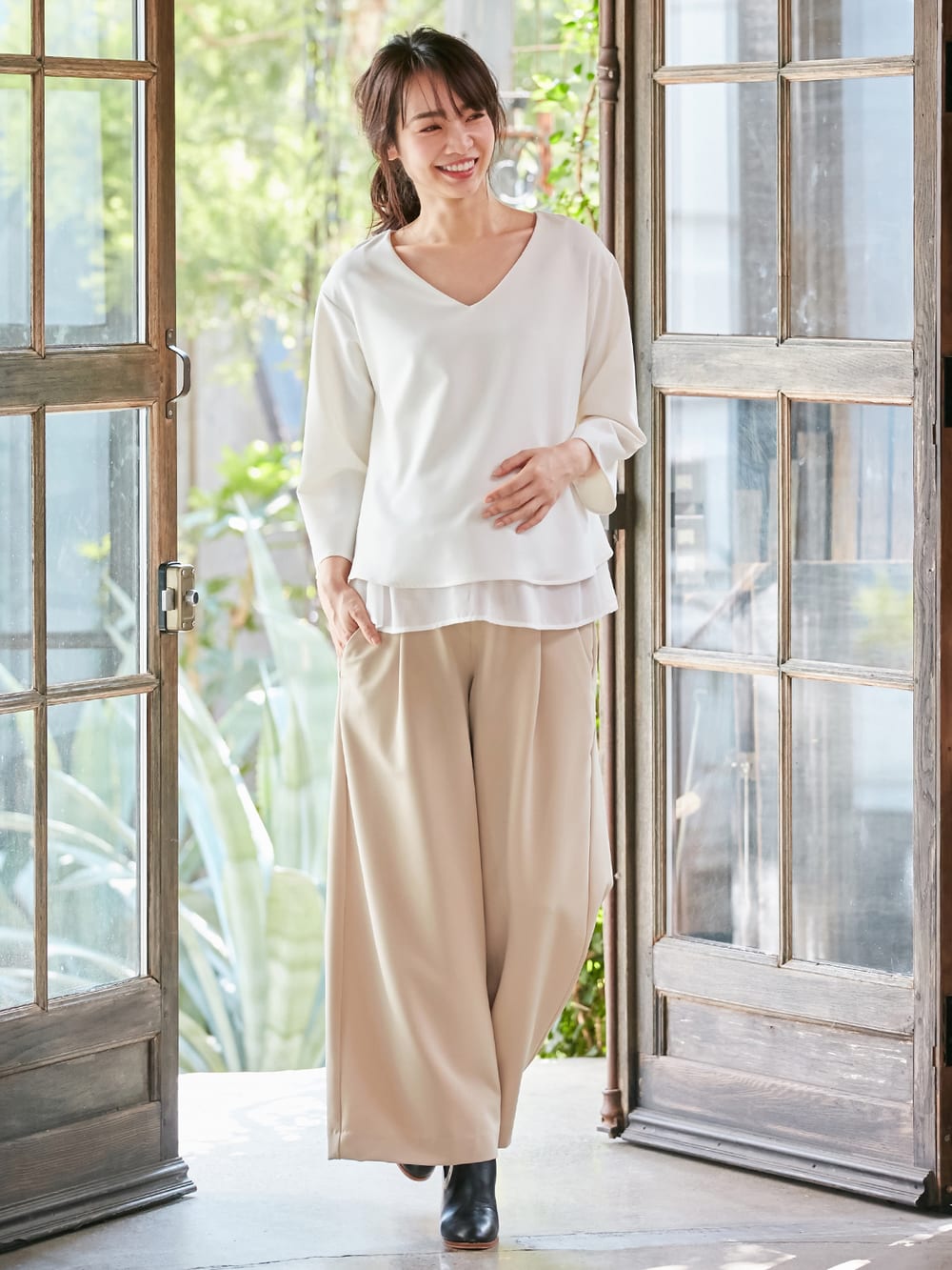 マタニティ トップス|ストレッチジョーゼットVネックレイヤードトップス マタニティ・授乳服【出産後も長く使える】|オフホワイト