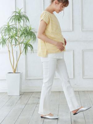 マタニティ パンツ|【産前産後対応】ハイストレッチトラペーズデニムパンツ（2レングス展開）【出産後も長く使える】|ホワイト　７０ｃｍ丈