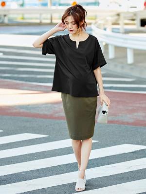 マタニティ トップス|スラッシュネック半袖トップス　マタニティ・授乳服【出産後も長く使える】|ブラック