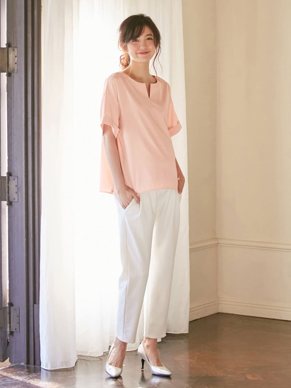 マタニティ トップス|スラッシュネック半袖トップス　マタニティ・授乳服【出産後も長く使える】|ペールピンク