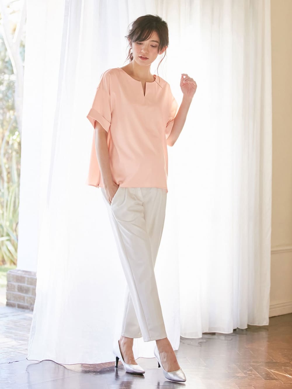 マタニティ トップス|スラッシュネック半袖トップス　マタニティ・授乳服【出産後も長く使える】|ペールピンク