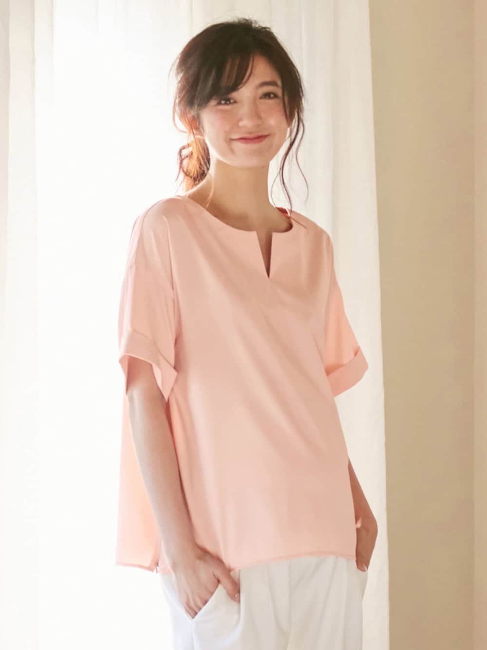 マタニティ トップス|スラッシュネック半袖トップス　マタニティ・授乳服【出産後も長く使える】|ペールピンク