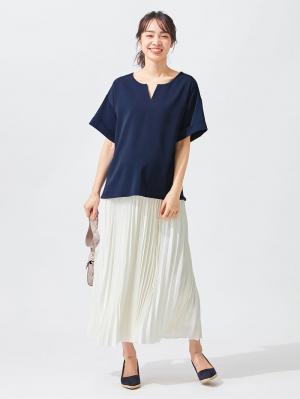 マタニティ トップス|スラッシュネック半袖トップス　マタニティ・授乳服【出産後も長く使える】|ネイビー