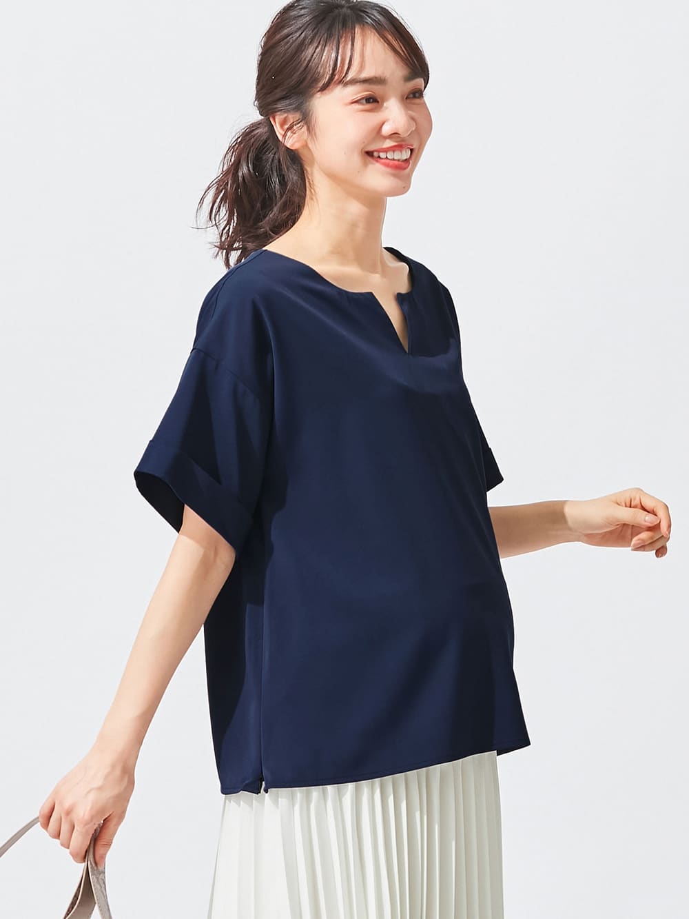 マタニティ トップス|スラッシュネック半袖トップス　マタニティ・授乳服【出産後も長く使える】|ネイビー