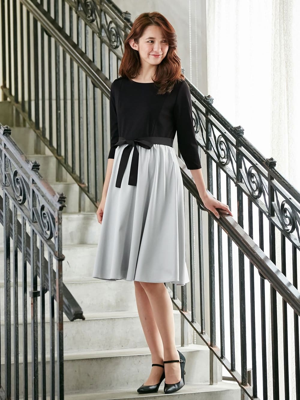 マタニティ トップス|リボン付きレイヤード風ワンピース　マタニティ・授乳服【出産後も長く使える】