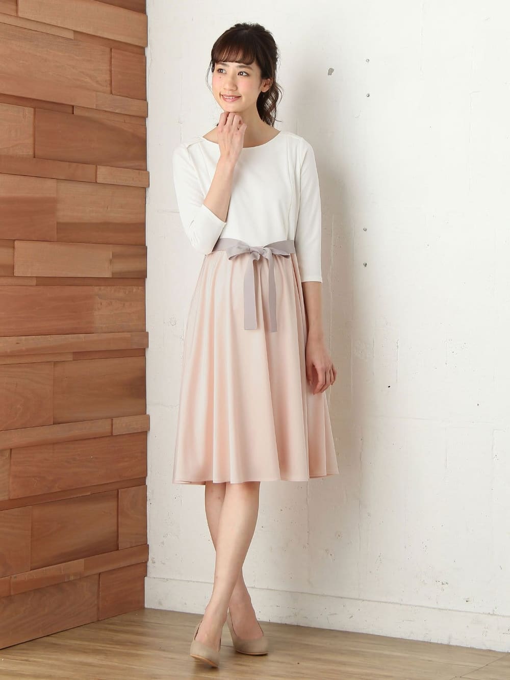 マタニティ トップス|リボン付きレイヤード風ワンピース　マタニティ・授乳服【出産後も長く使える】