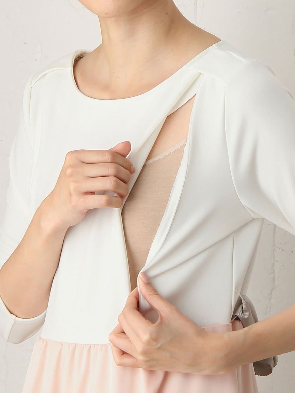 マタニティ トップス|リボン付きレイヤード風ワンピース　マタニティ・授乳服【出産後も長く使える】