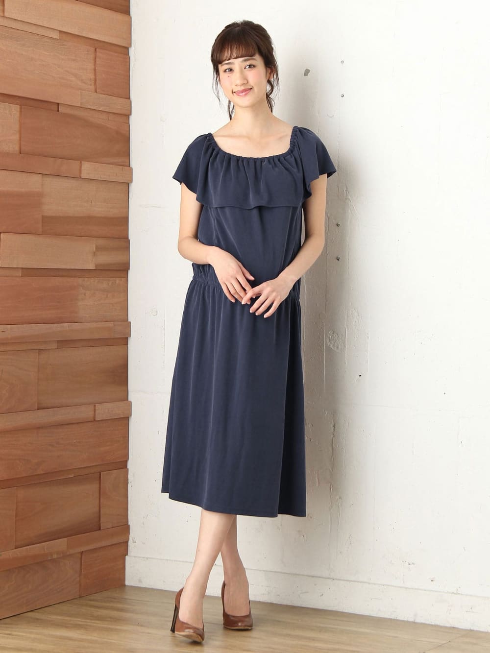 マタニティ ワンピース|パウダーピーチスキン2WAYショルダーフリルワンピース　マタニティ・授乳服