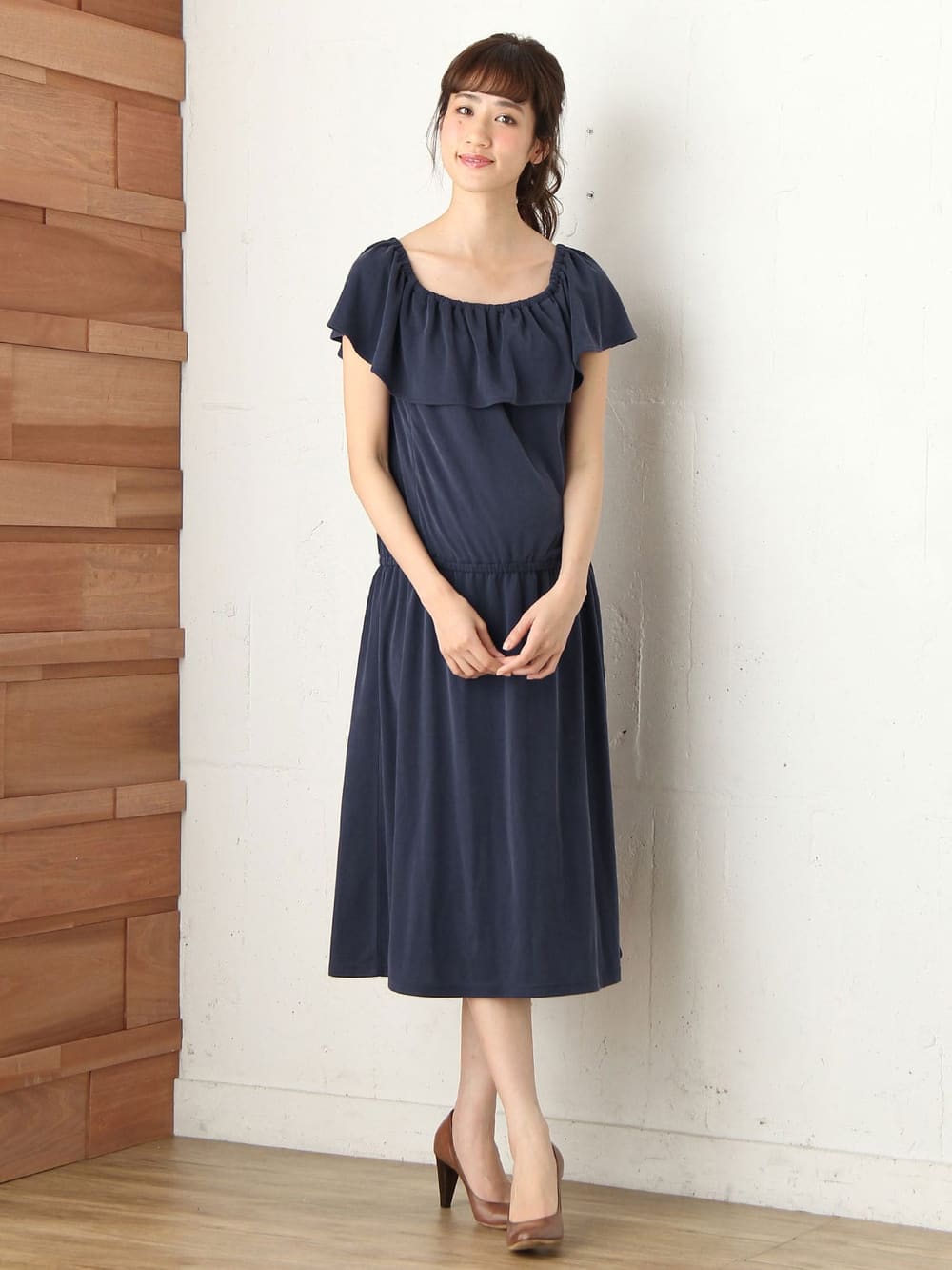 マタニティ ワンピース|パウダーピーチスキン2WAYショルダーフリルワンピース　マタニティ・授乳服