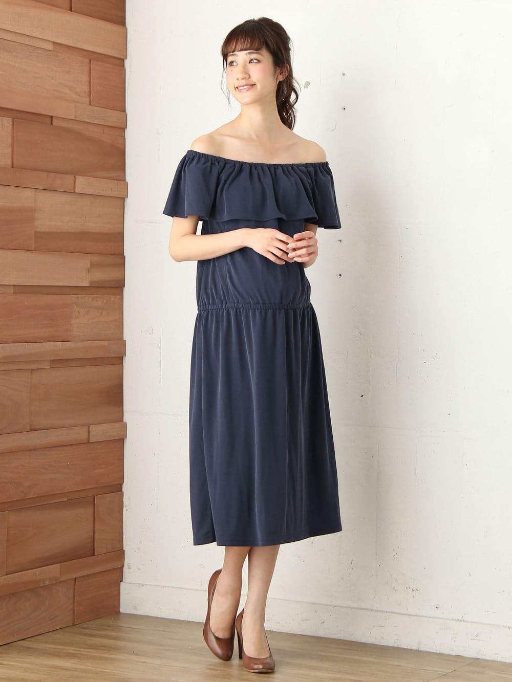 マタニティ ワンピース|パウダーピーチスキン2WAYショルダーフリルワンピース　マタニティ・授乳服