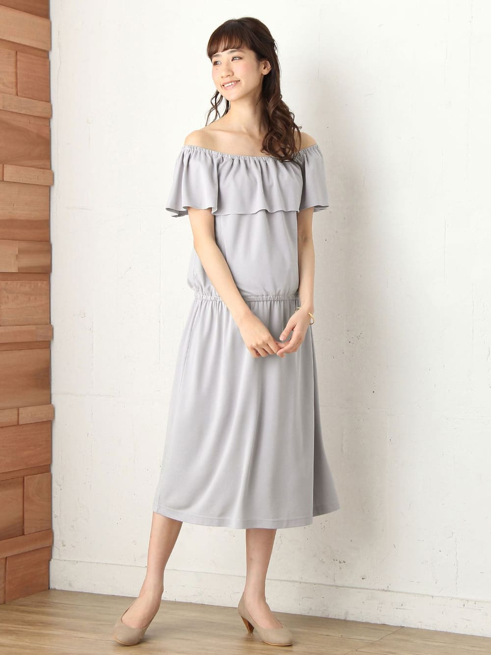 マタニティ ワンピース|パウダーピーチスキン2WAYショルダーフリルワンピース　マタニティ・授乳服