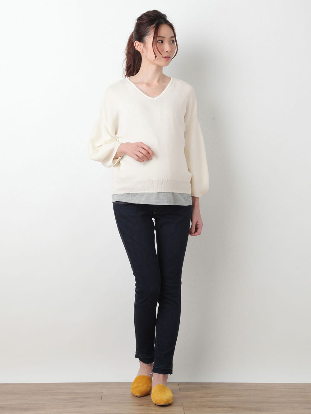 マタニティ トップス|袖バルーンＶネックニット【出産後も長く使える】