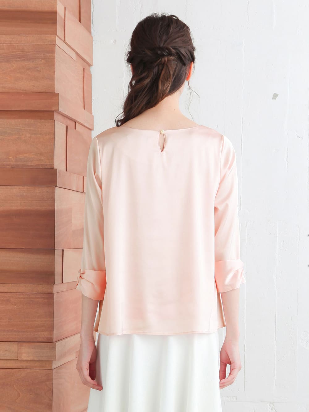 マタニティ トップス|ストレッチサテン袖リボンブラウス　マタニティ・授乳服