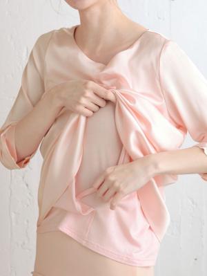マタニティ トップス|ストレッチサテン袖リボンブラウス　マタニティ・授乳服