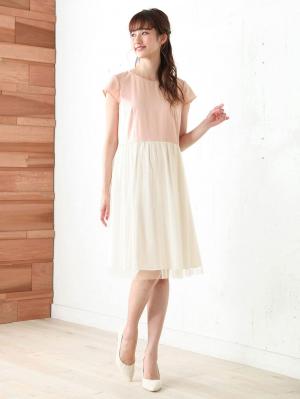 マタニティ ワンピース|【マタニティ・授乳服】異素材チュールスカートワンピース【出産後も長く使える】