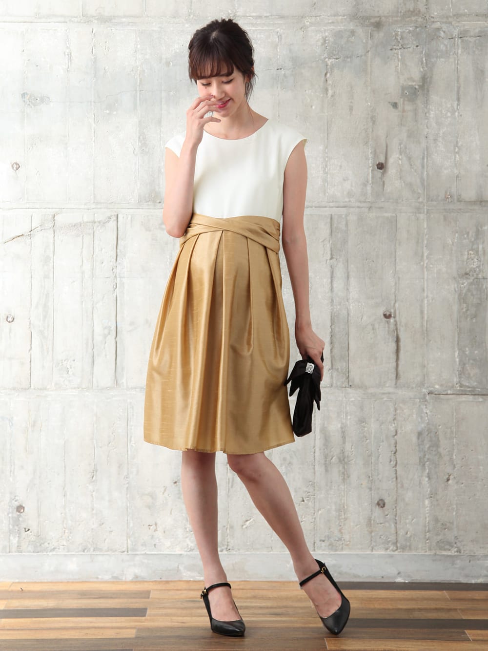 マタニティ ワンピース|ウエストツイストワンピース　マタニティ・授乳服|オフ×シャンパンゴールド