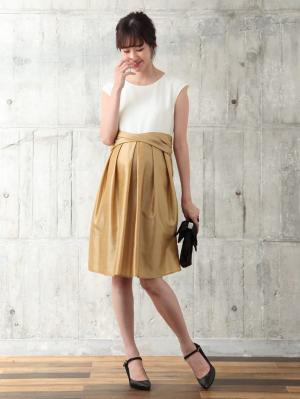 マタニティ ワンピース|ウエストツイストワンピース　マタニティ・授乳服|オフ×シャンパンゴールド