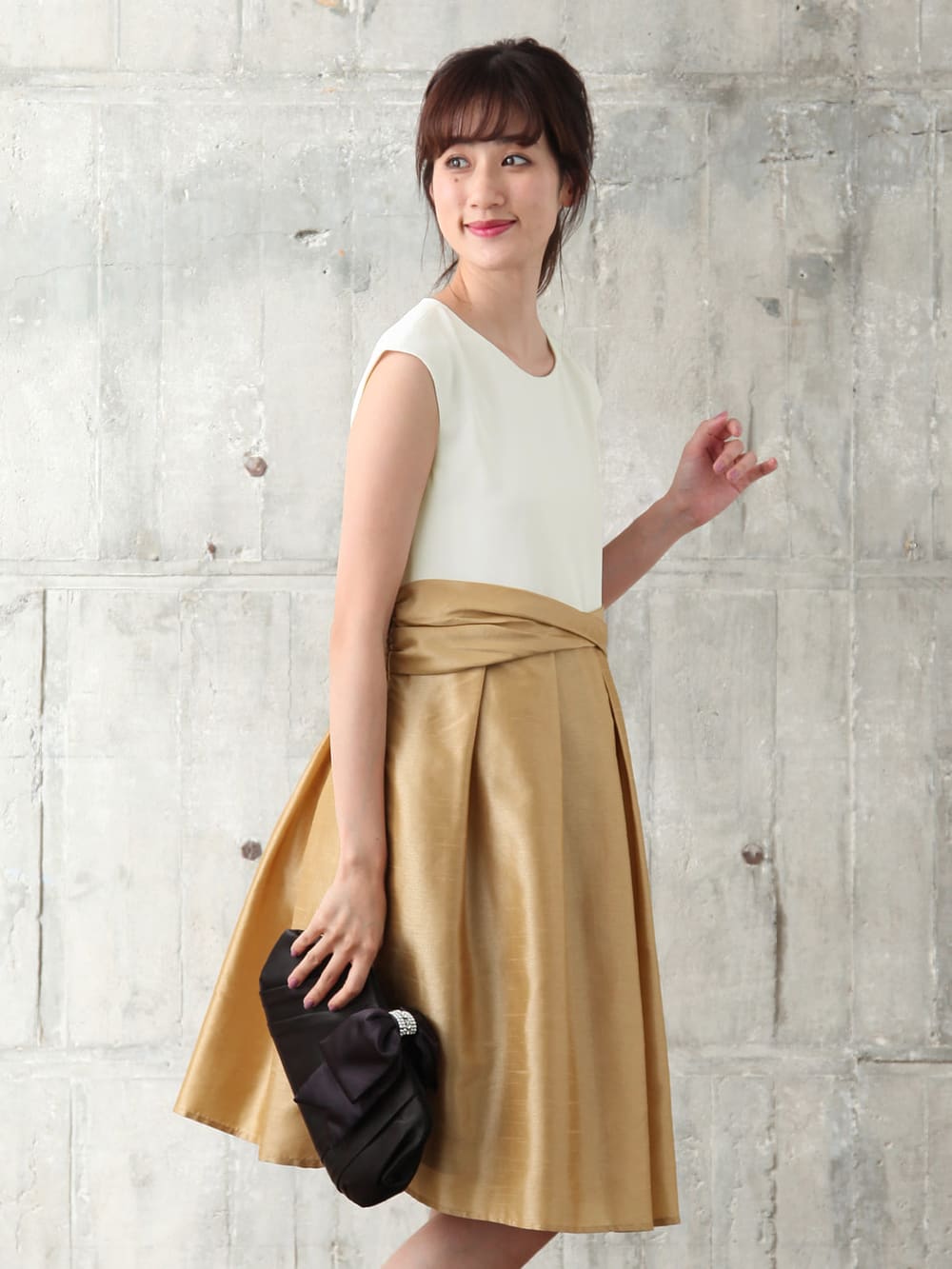 マタニティ ワンピース|ウエストツイストワンピース　マタニティ・授乳服|オフ×シャンパンゴールド