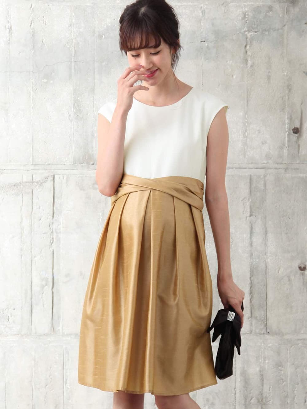 マタニティ ワンピース|ウエストツイストワンピース　マタニティ・授乳服|オフ×シャンパンゴールド