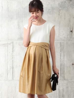 マタニティ ワンピース|ウエストツイストワンピース　マタニティ・授乳服|オフ×シャンパンゴールド