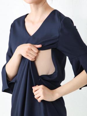 マタニティ ワンピース|深Vネックスリットベルスリーブワンピース　マタニティ・授乳服