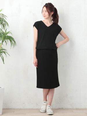 マタニティ ワンピース|【マタニティ・授乳服】テレコワイドリブVネックワンピース【出産後も長く使える】