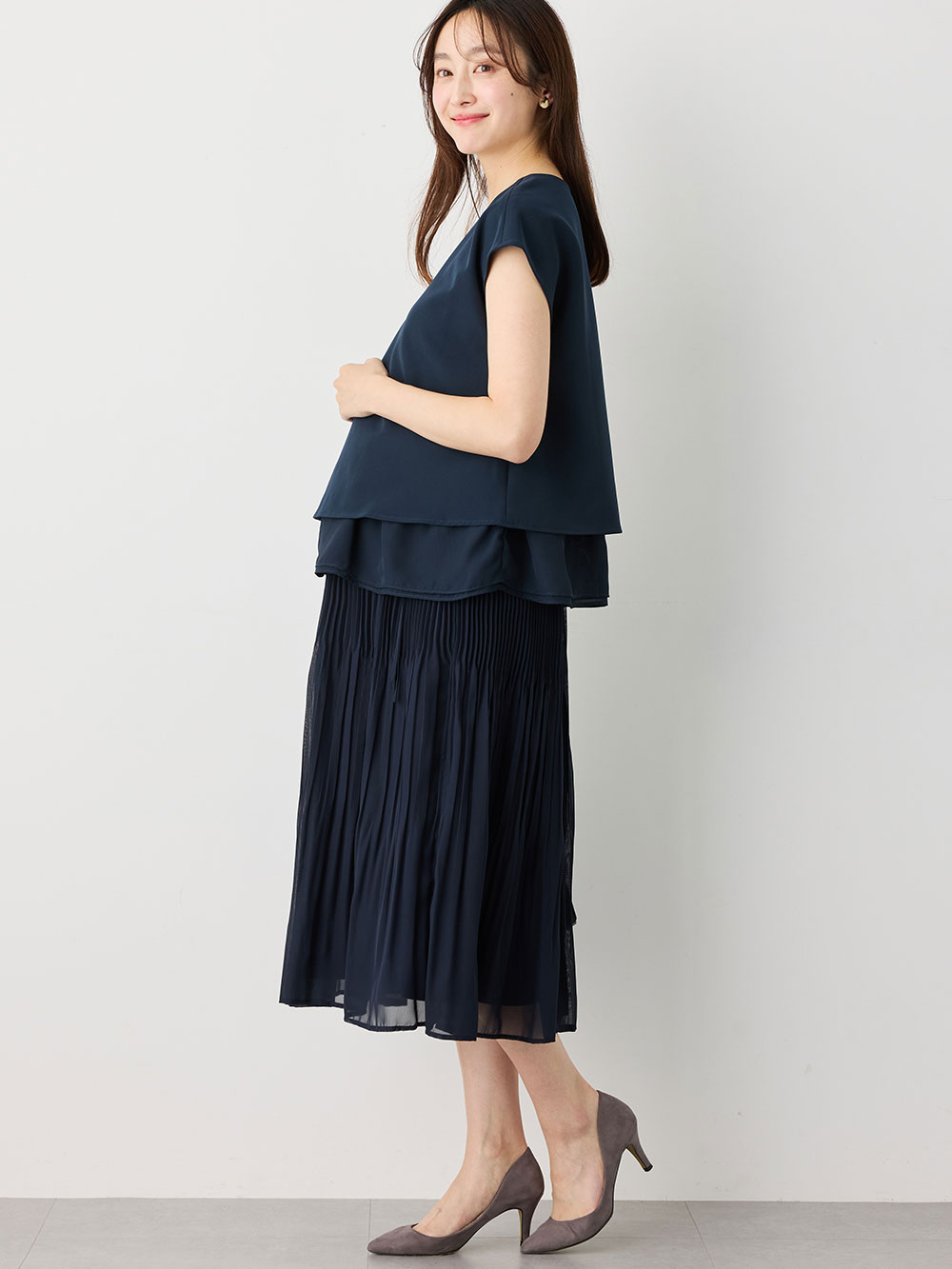 マタニティ トップス|ストレッチジョーゼットフレンチスリーブトップス マタニティ・授乳服【出産後も長く使える】|ネイビー