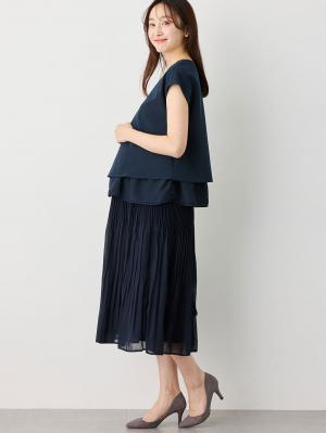 マタニティ トップス|ストレッチジョーゼットフレンチスリーブトップス マタニティ・授乳服【出産後も長く使える】|ネイビー