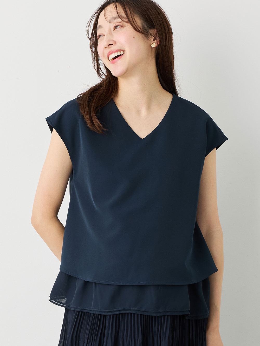 マタニティ トップス|ストレッチジョーゼットフレンチスリーブトップス マタニティ・授乳服【出産後も長く使える】|ネイビー