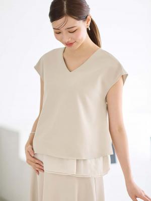 ストレッチジョーゼットフレンチスリーブトップス　マタニティ・授乳服【出産後も長く使える】22049