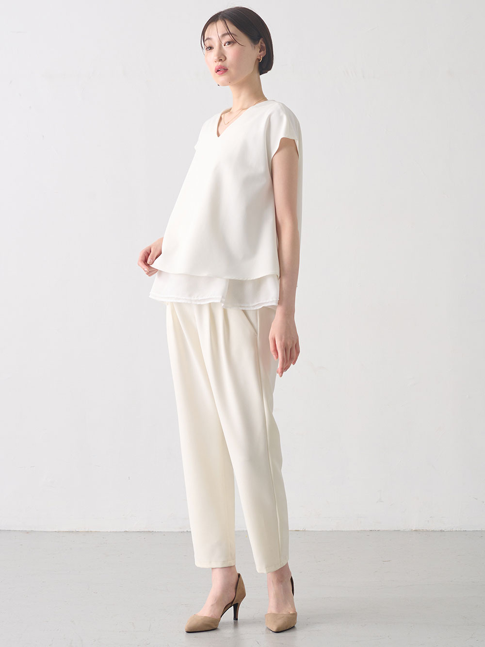 マタニティ トップス|ストレッチジョーゼットフレンチスリーブトップス マタニティ・授乳服【出産後も長く使える】|オフホワイト