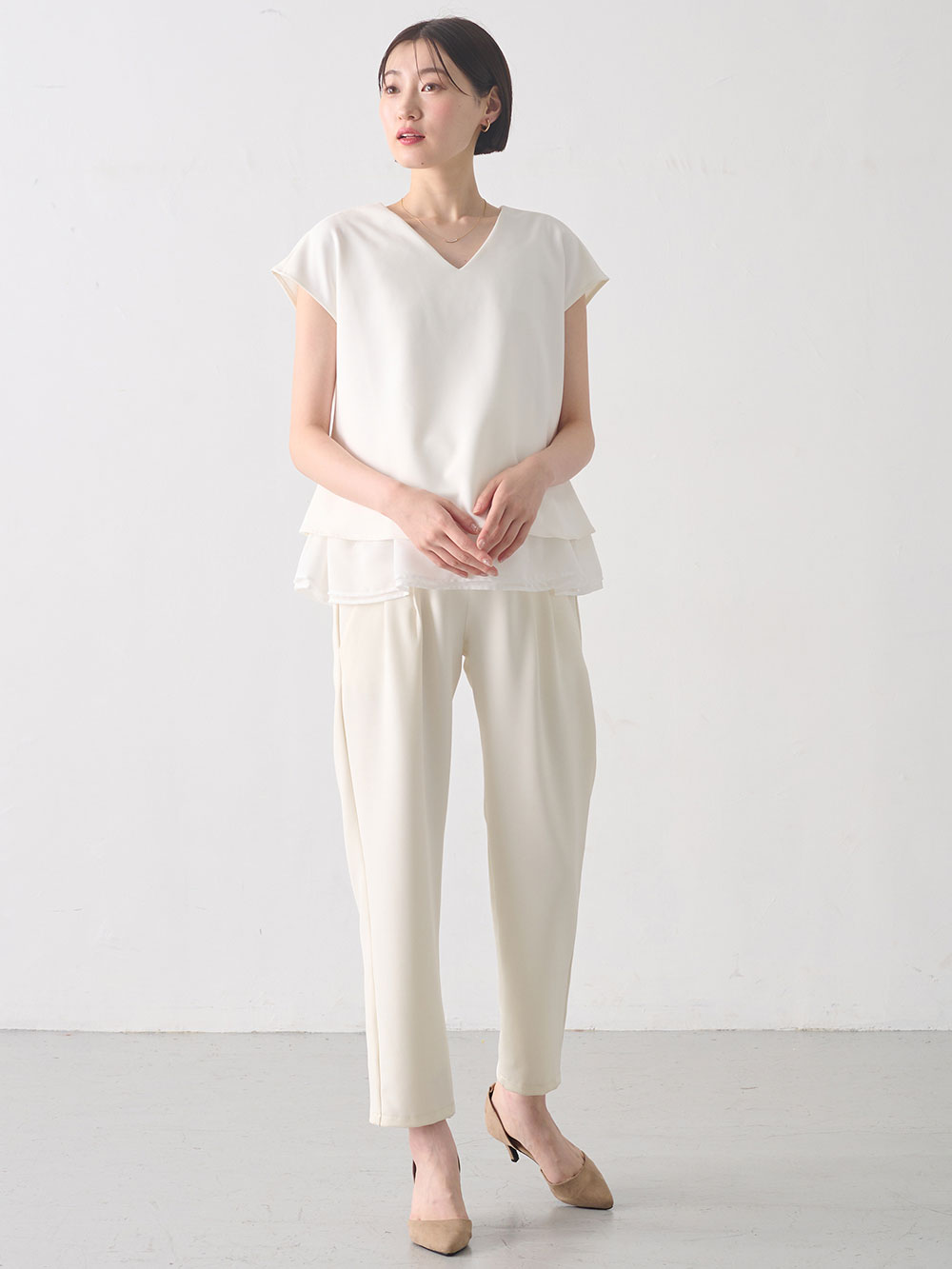 マタニティ トップス|ストレッチジョーゼットフレンチスリーブトップス マタニティ・授乳服【出産後も長く使える】|オフホワイト