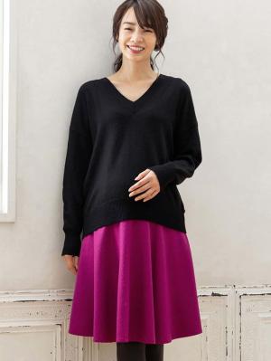 【産前産後対応】ミディ丈ウール混フラノフレアースカート【出産後も長く使える】22067